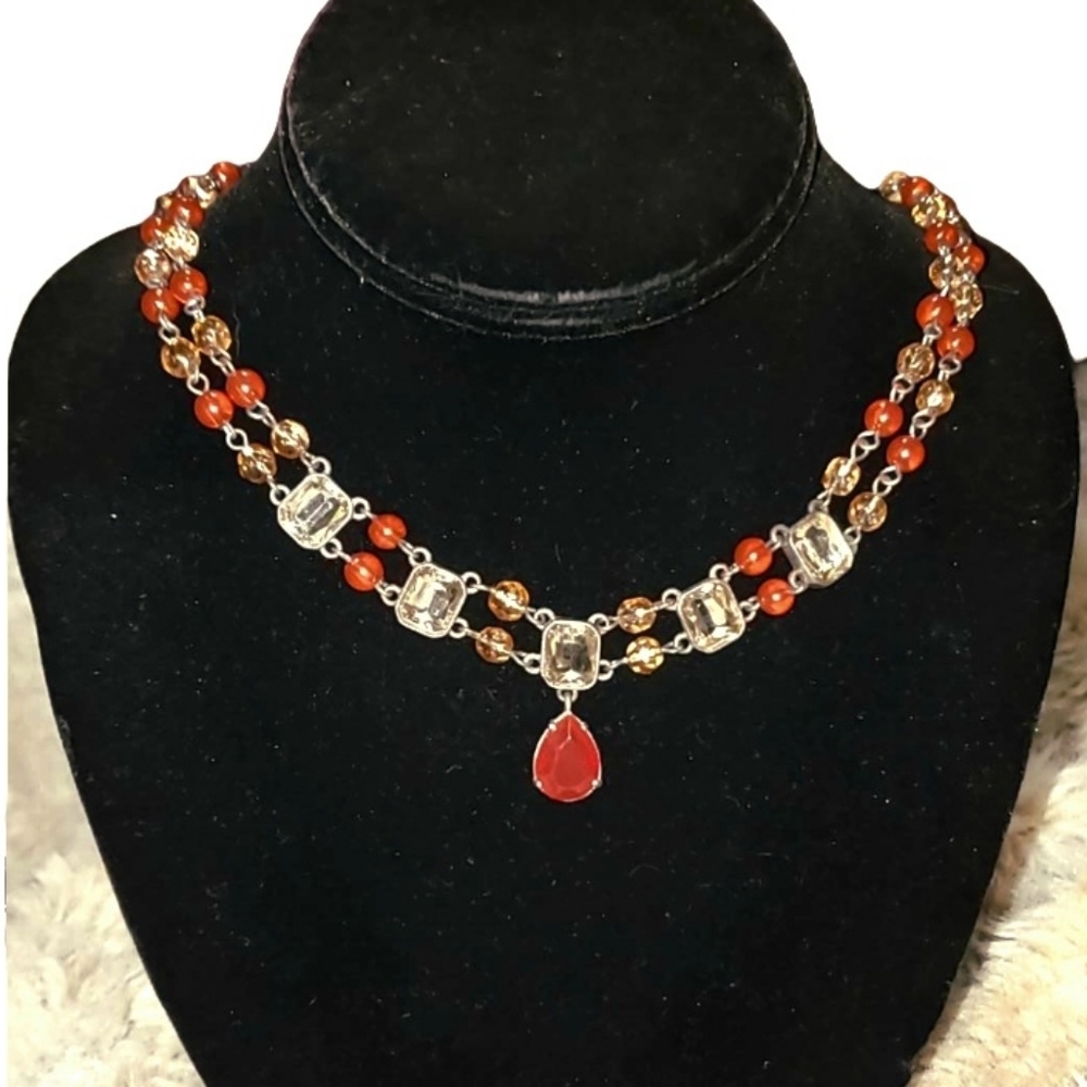 AVON NR Cranberry Orange Red Amber & Clear Crystal 16" Necklace Holiday